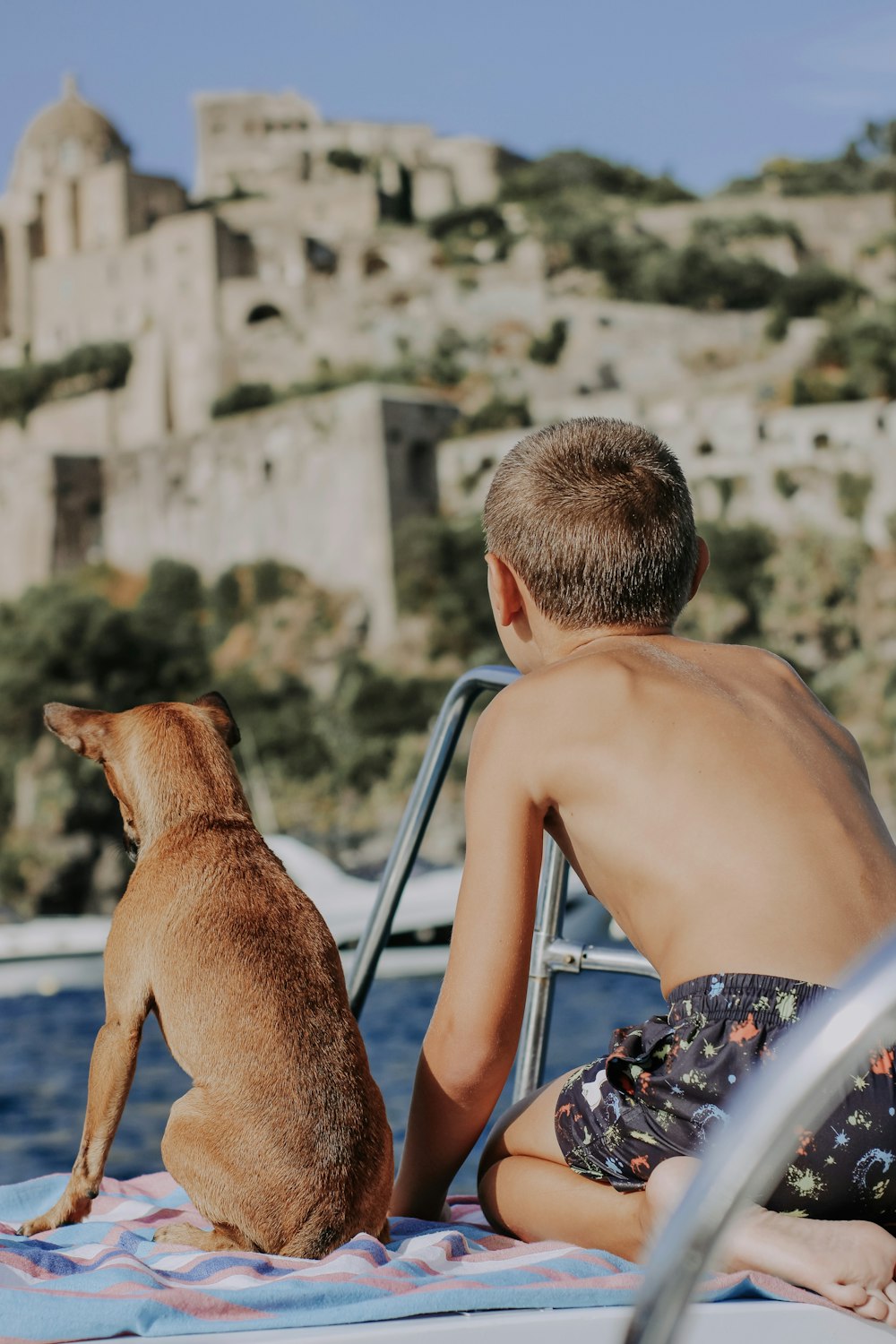 topless man sitting on chair beside brown short coated dog during daytime