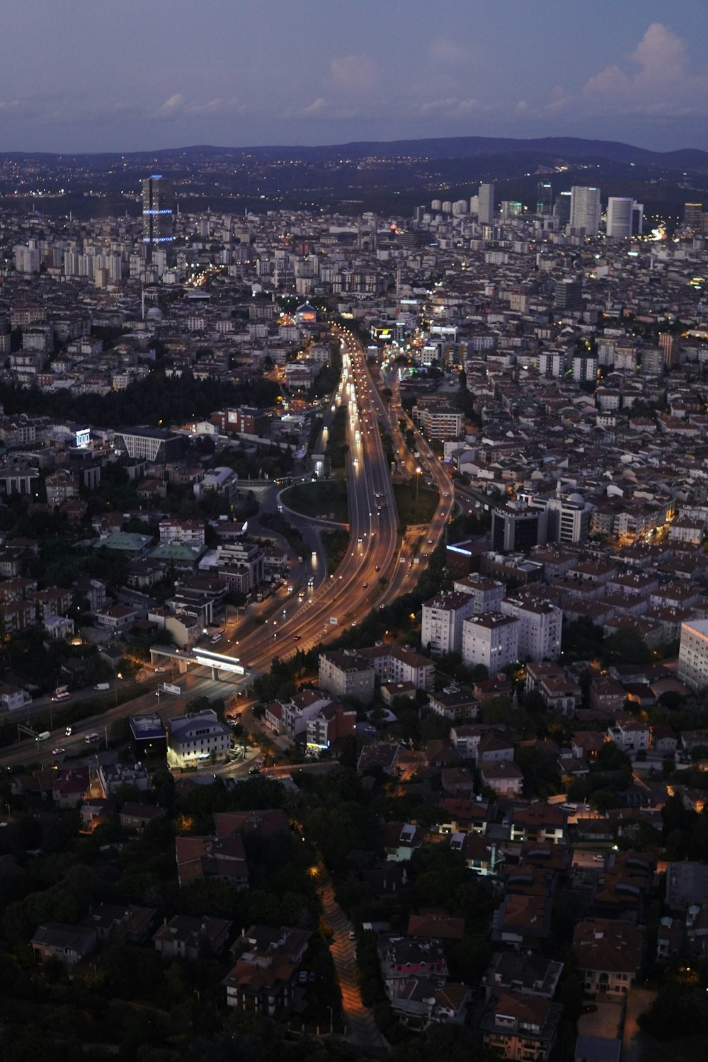 aerial view of city buildings during night time