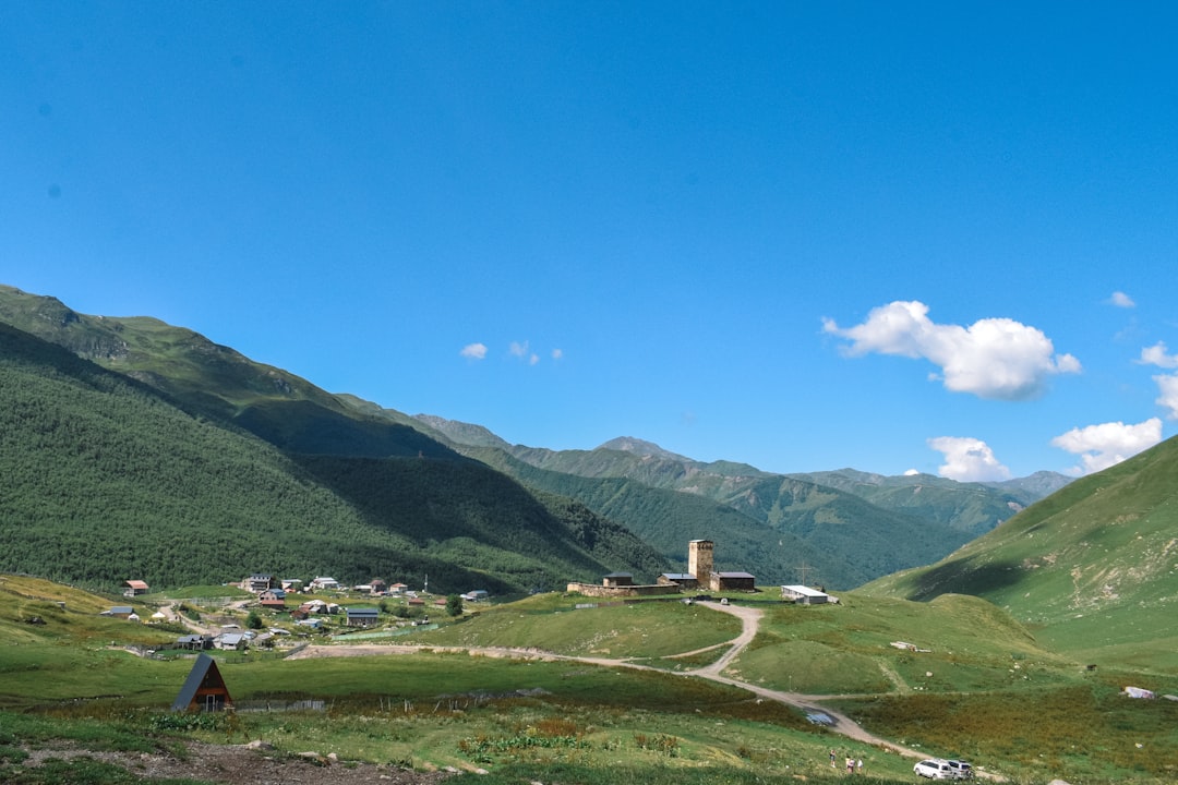 green grass field near mountain under blue sky during daytime