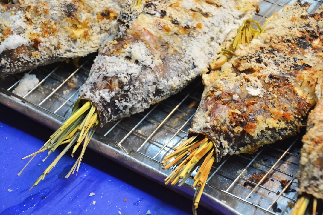 grilled meat on blue tray