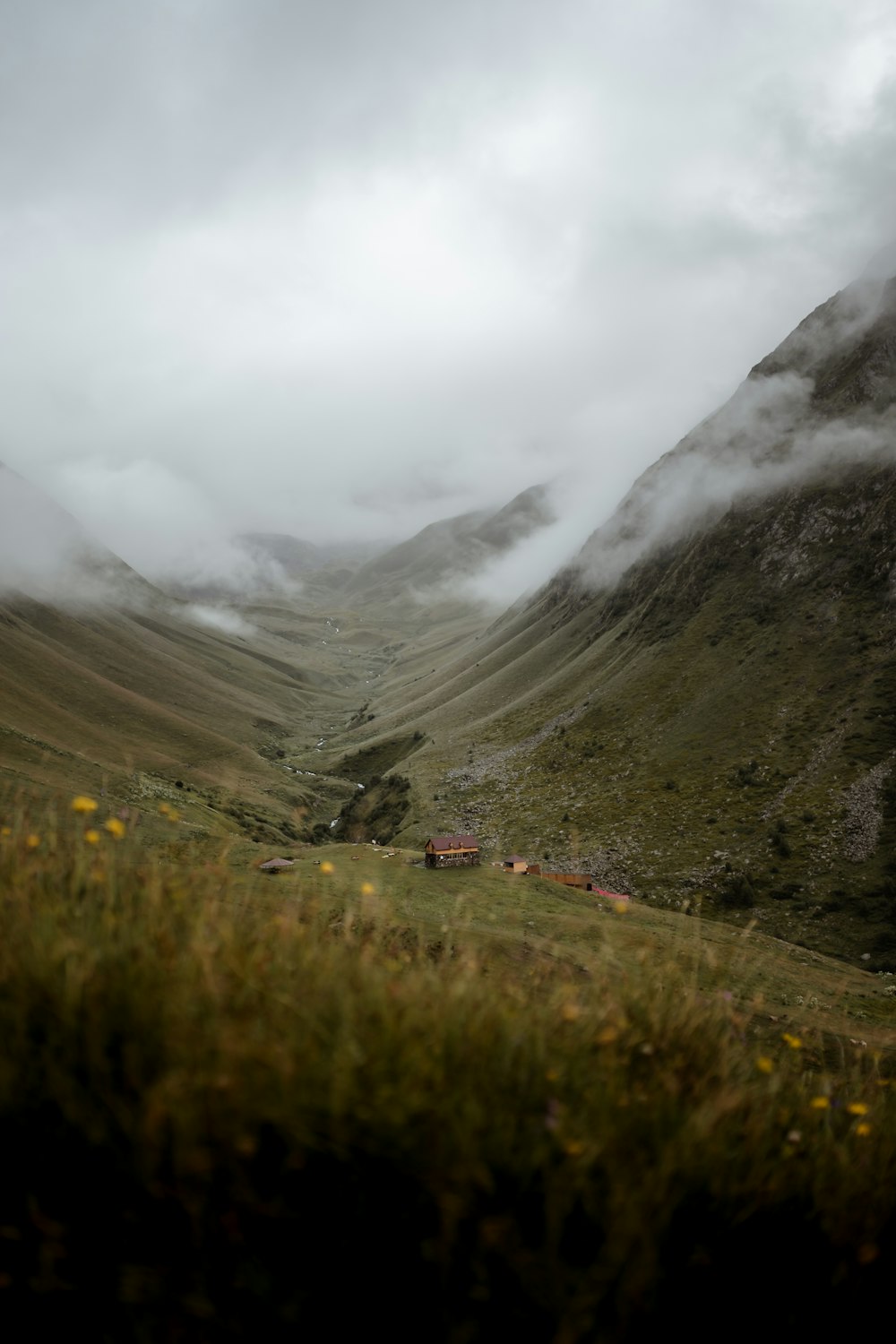 Grünes Grasfeld in Bergnähe tagsüber unter weißen Wolken