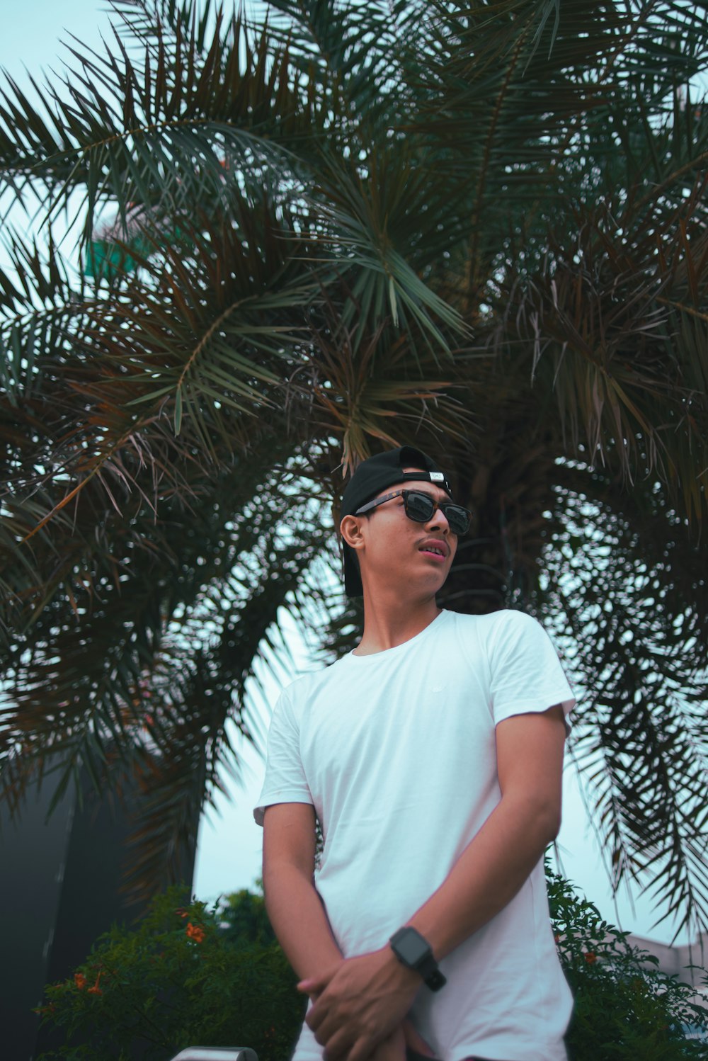 man in white crew neck t-shirt wearing black sunglasses standing near green palm tree during