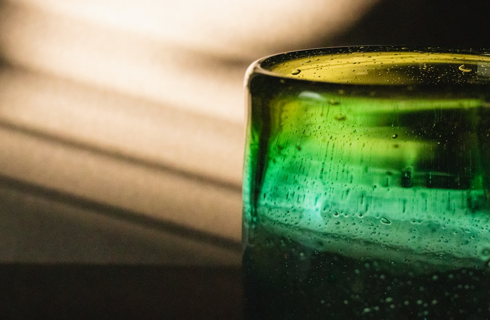 blue drinking glass with water