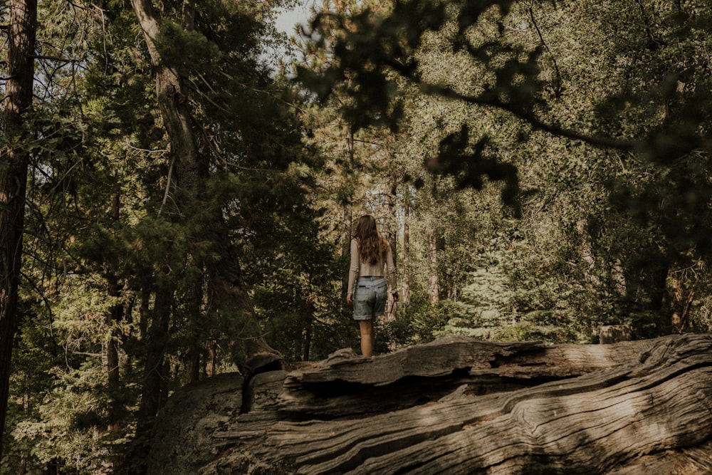 woman in white shirt and blue denim jeans standing on brown tree log during daytime