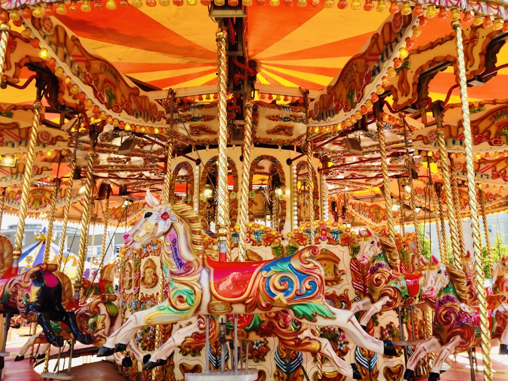blue and brown carousel with lights