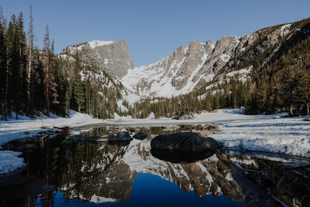 snow covered mountain near lake during daytime