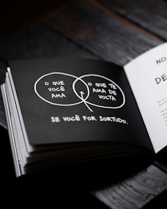 A book opened to a page featuring a black and white Venn diagram. The diagram is drawn with two overlapping circles containing Portuguese text. One circle says 'O que você ama' and the other 'O que te ama de volta'. The overlapping section, highlighted with an arrow pointing to it, forms part of the sentence 'Se você for sortudo.' on the page.