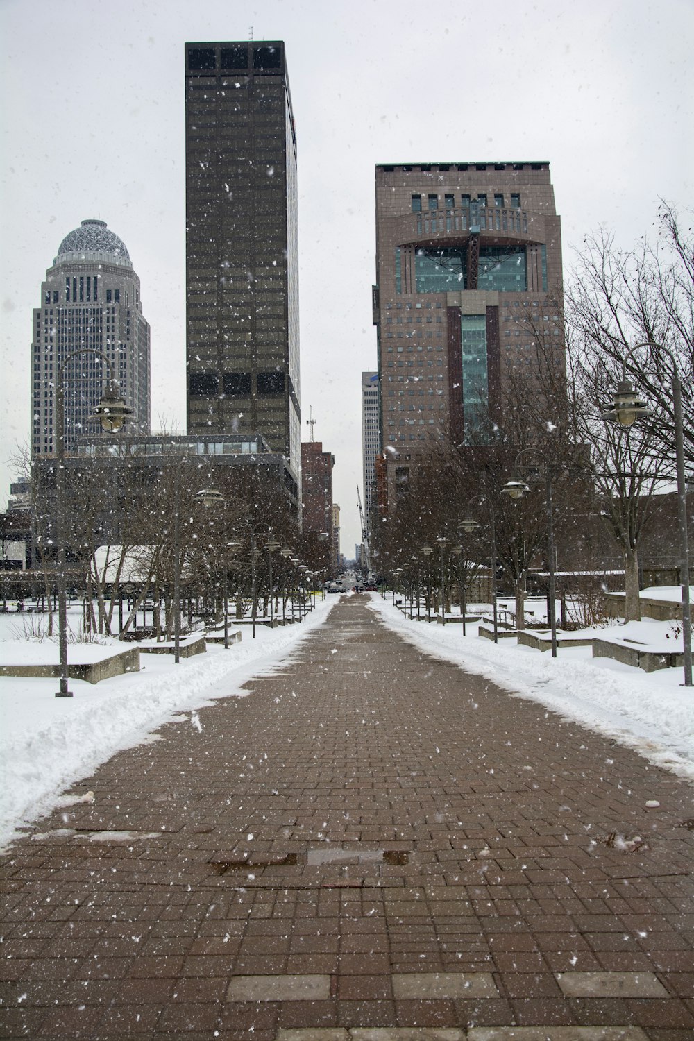 caminho de tijolo marrom com solo coberto de neve perto de edifícios altos durante o dia