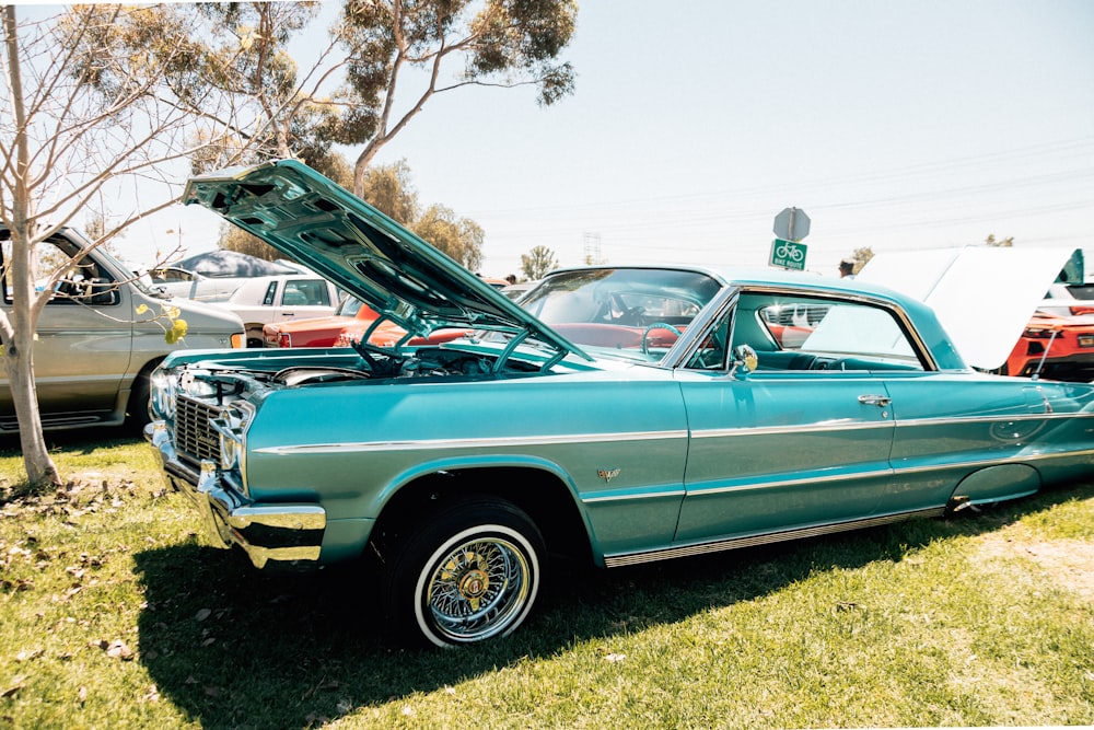 green vintage car on green grass field during daytime