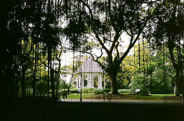 A cozy modular gazebo with adjustable panels surrounded by lush greenery on a sunny afternoon