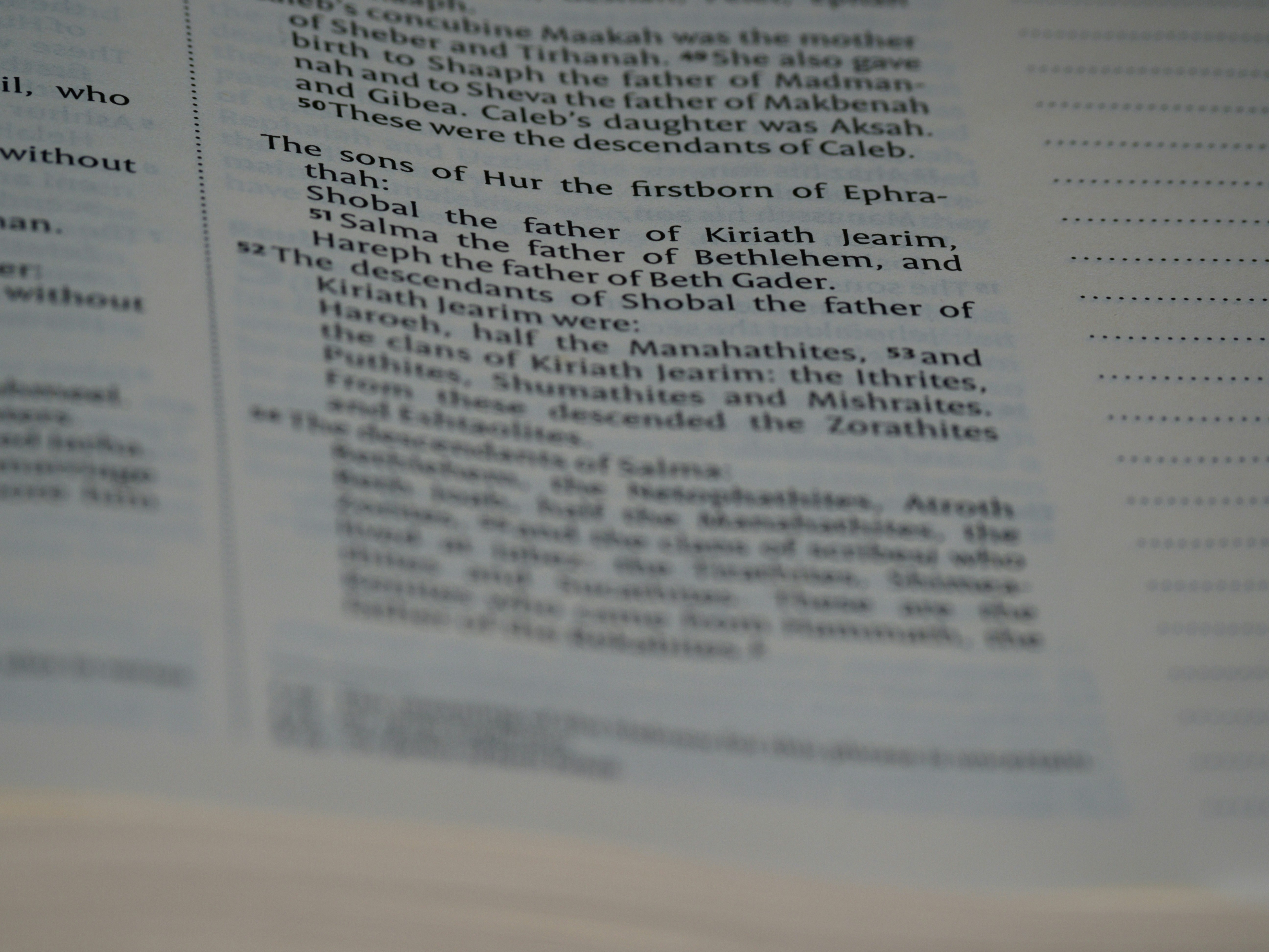 close up, bokeh, macro, blur, blurred background, close focus, bible, old testament, hebrew bible, christian, judaism, history, text, reading, bible study, devotions, text, NIV, New International Version, type, typography, canon, christianity, holy scripture, holy bible, scripture, chronicles, 1 chronicles, דִּבְרֵי־הַיָּמִים, Diḇrê Hayyāmîm, hebrew bible, final book, ketuvim, tanakh, septuagint, Paralipoménōn, Books of Paralipomenon, first chronicles, historical, <br/>