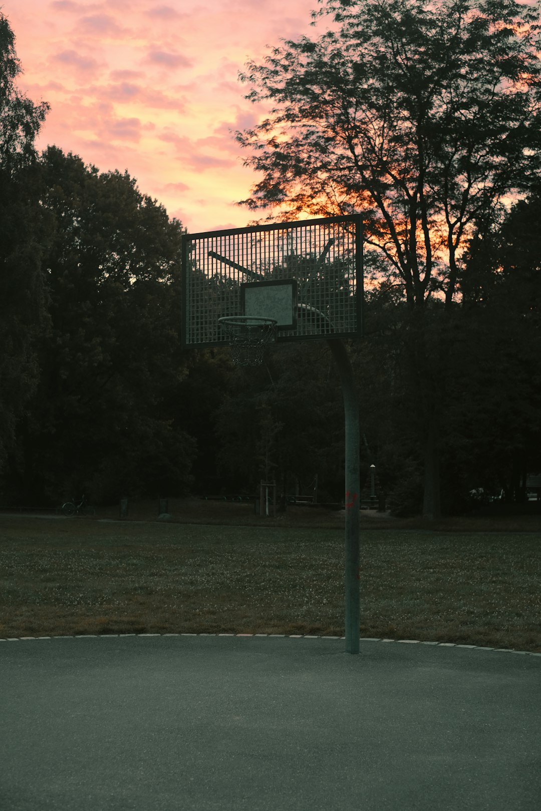 black metal basketball hoop on green grass field during sunset