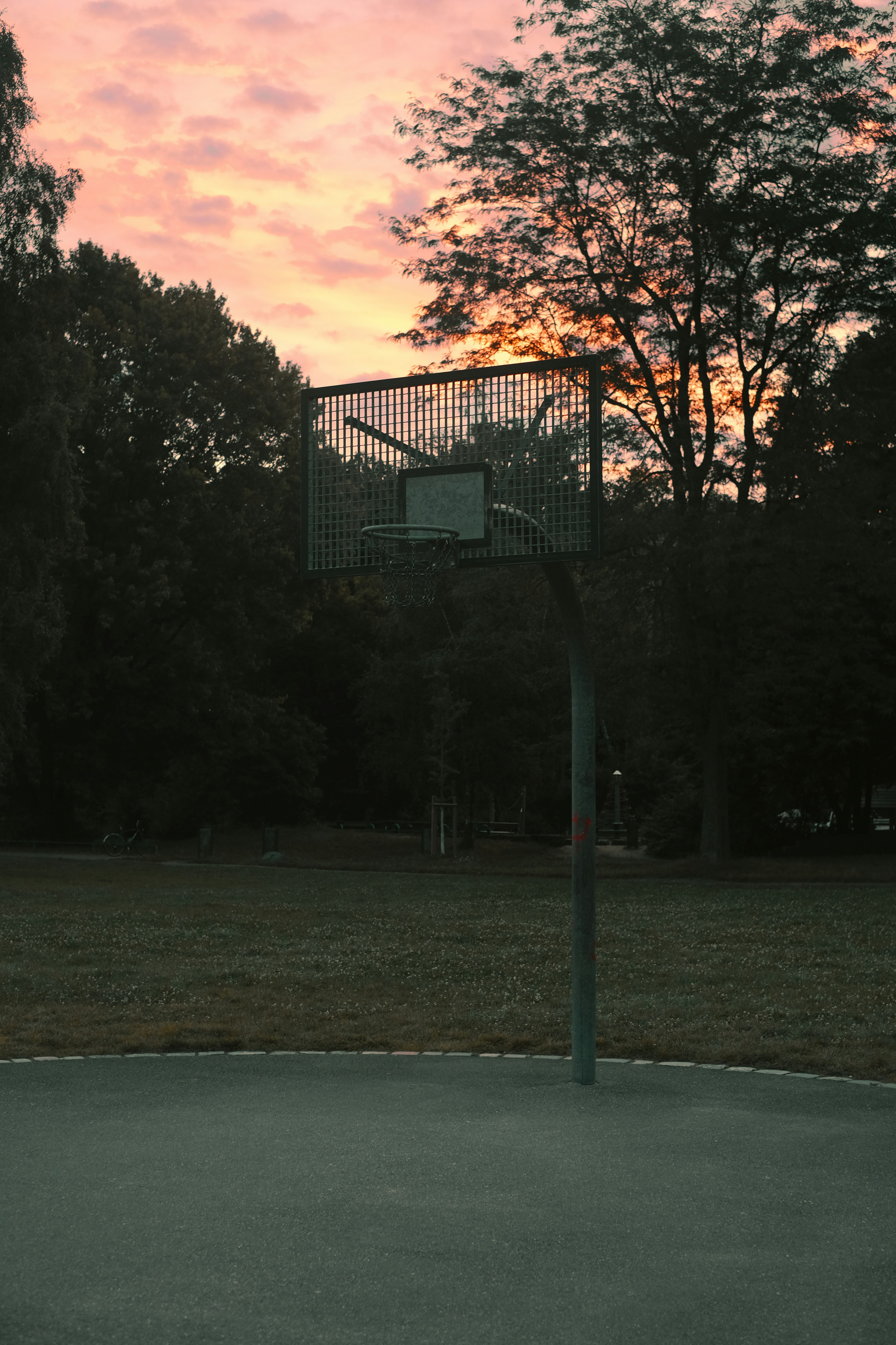 black metal basketball hoop on green grass field during sunset