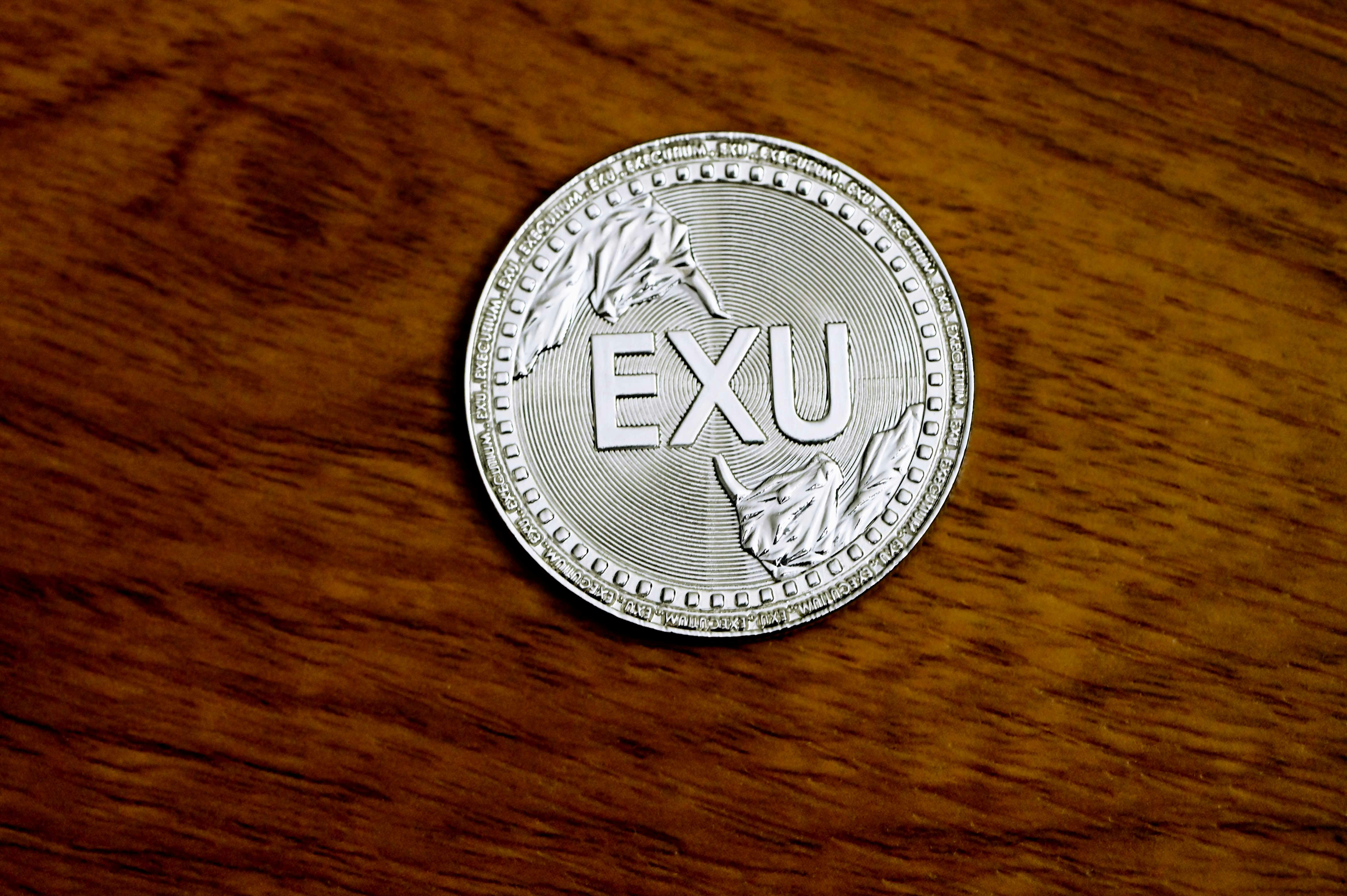 silver round coin on brown wooden table
