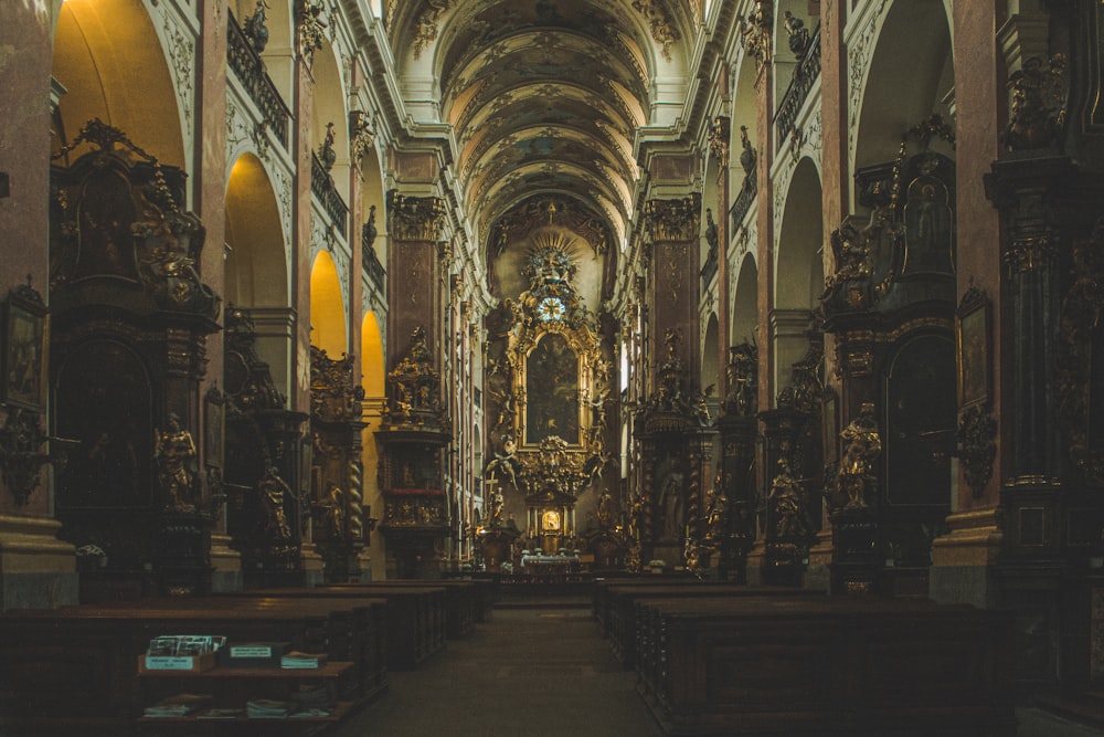 brown wooden bench in a church