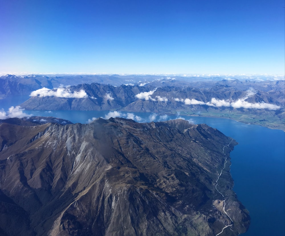 aerial view of mountains and lake