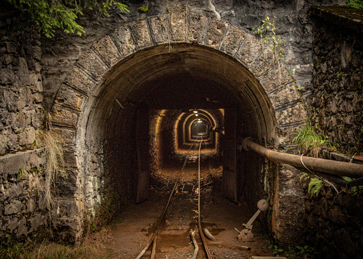 A weathered wooden ladder descending into a dark mine tunnel