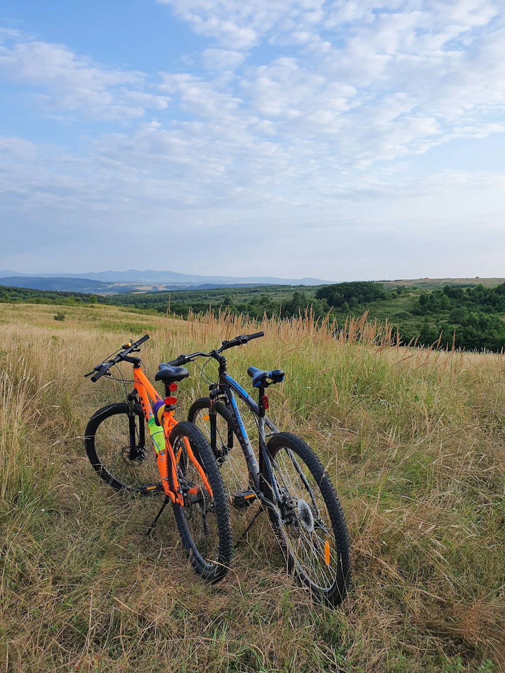 black and orange hardtail mountain bike on green grass field under white clouds during daytime