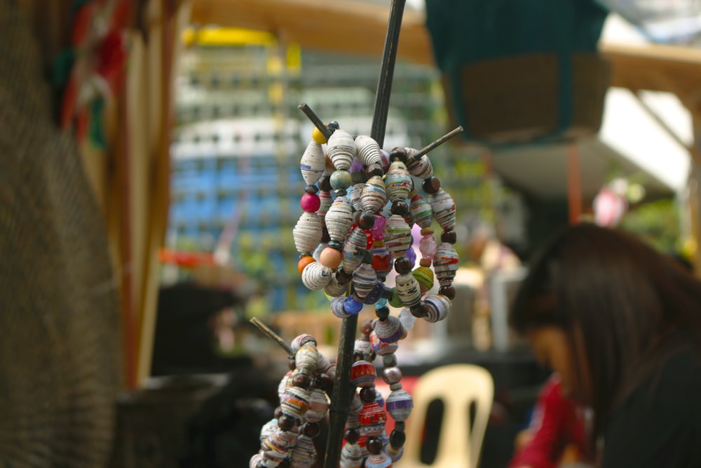 white and purple beaded necklace