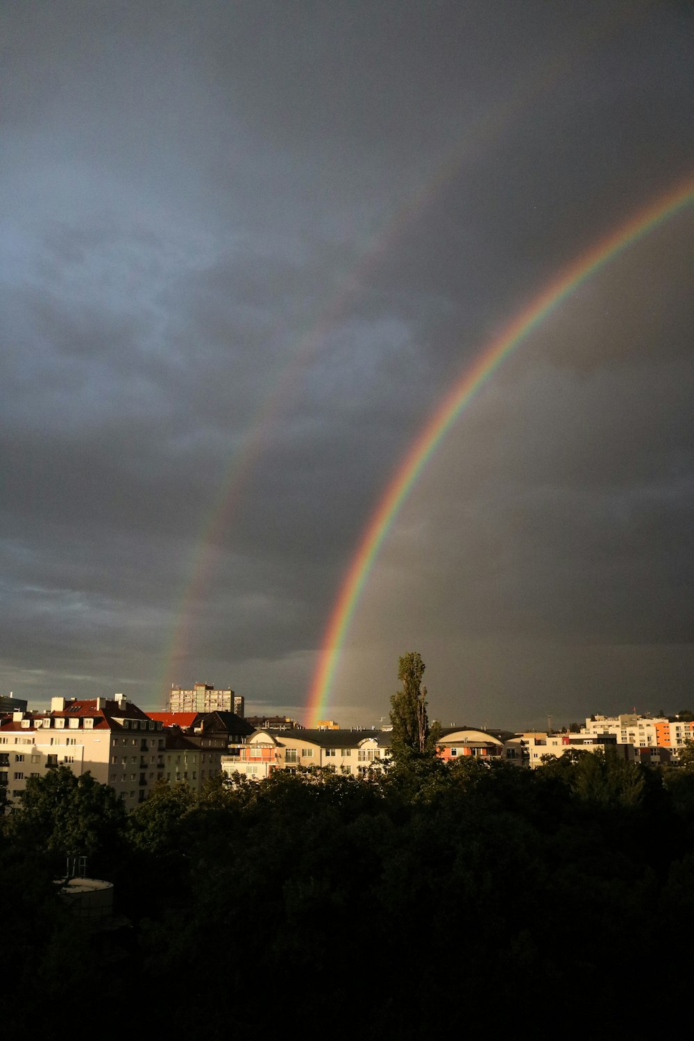 rainbow over city during night time