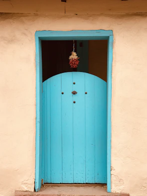 blue wooden door with red flower on top