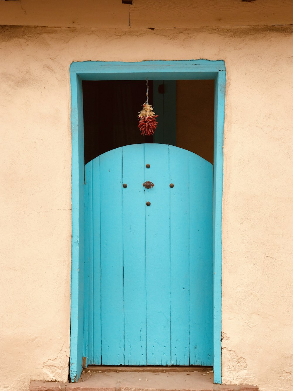 blue wooden door with red flower on top