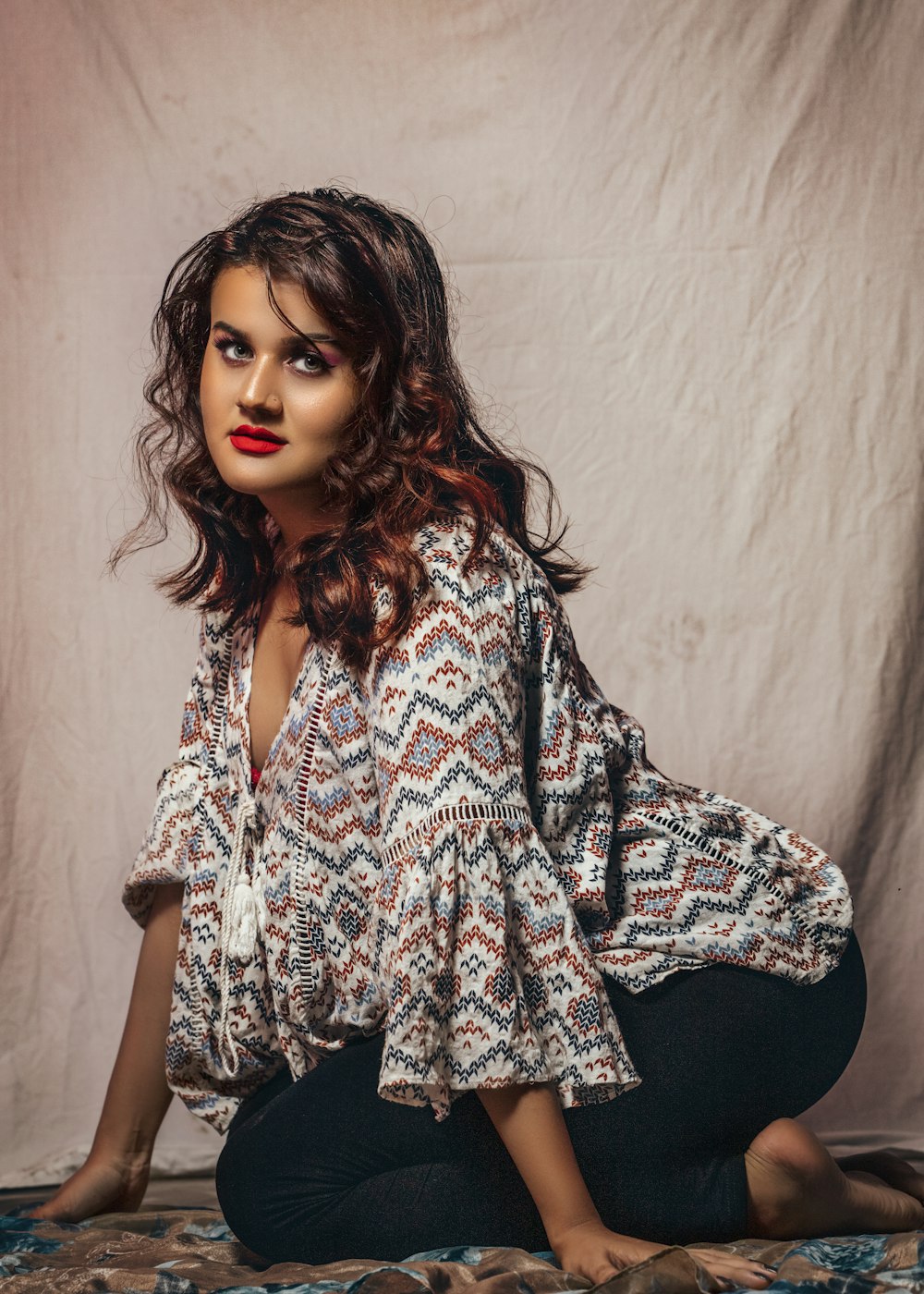 woman in black white and red floral dress shirt