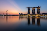 Singapore’s Marina Bay Sands reflecting in calm waters during a peaceful evening.