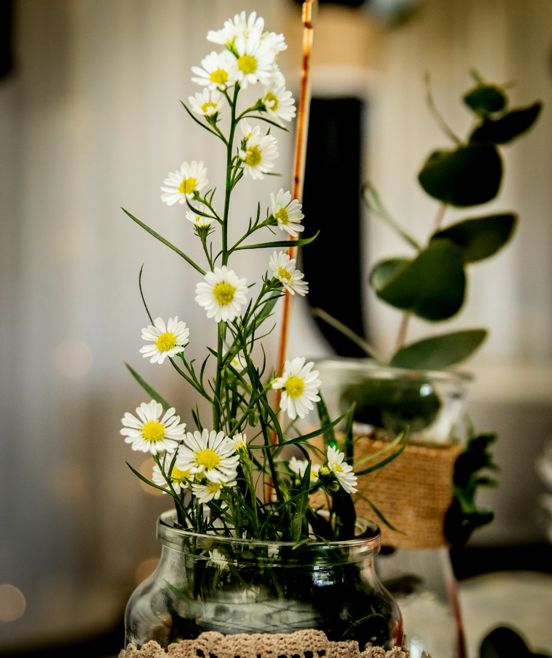 white and yellow flowers in clear glass vase on brown wooden table