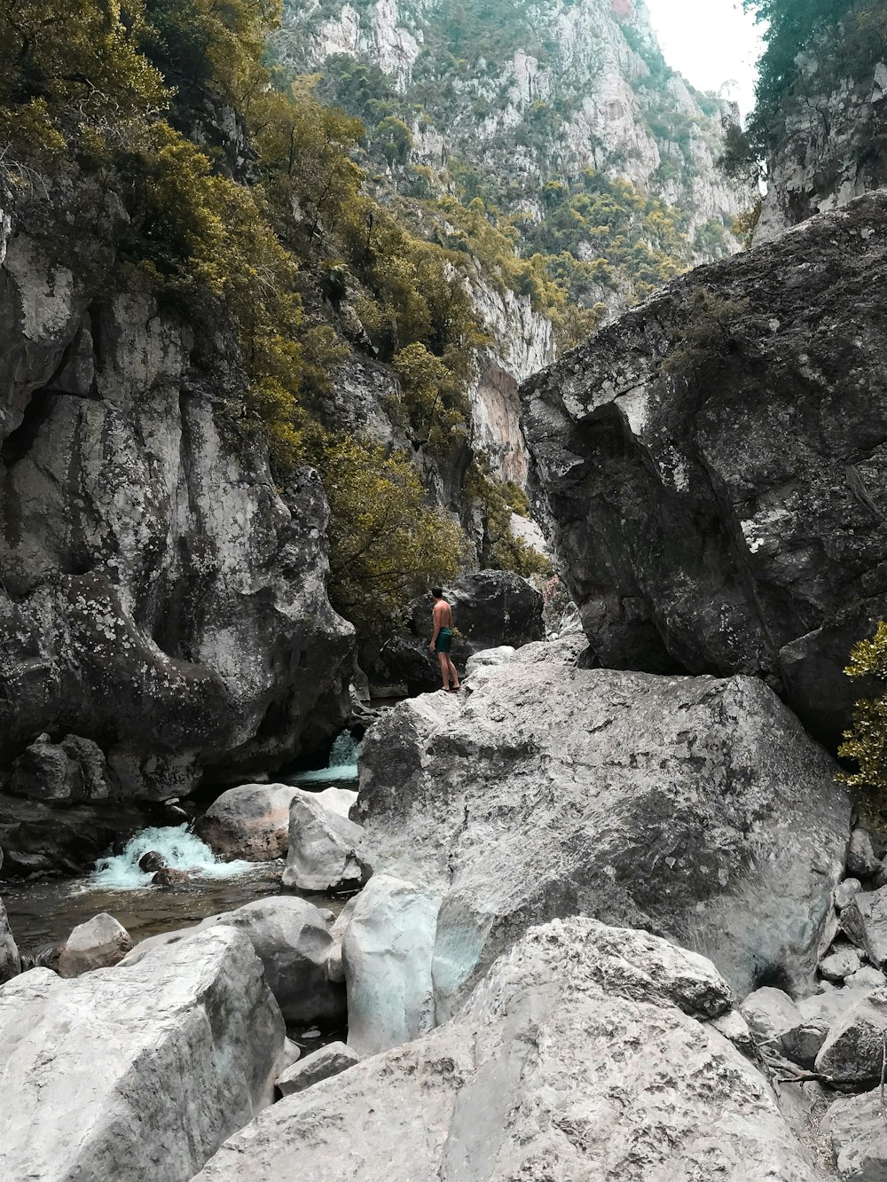 people walking on rocky river during daytime