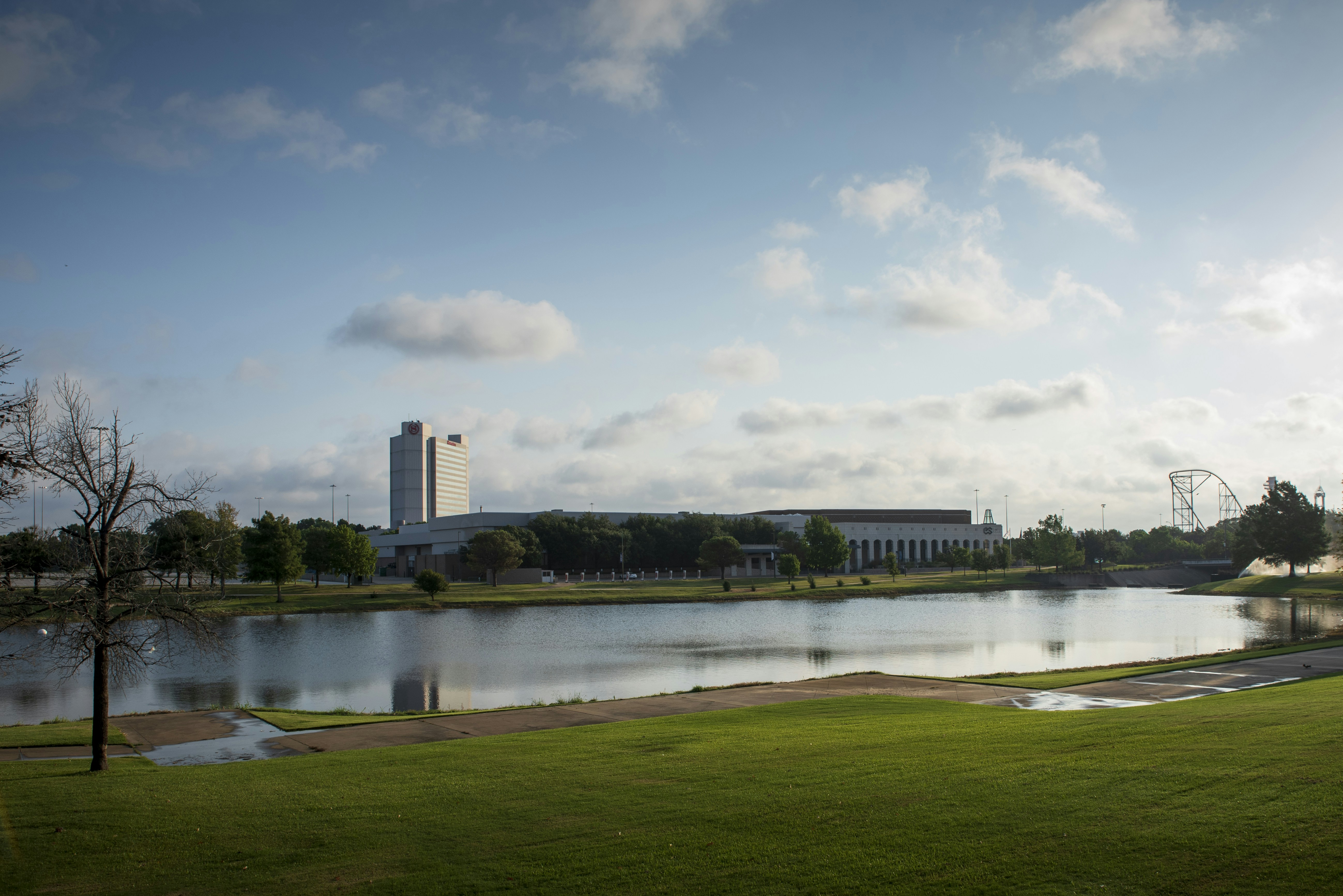green grass field near body of water under blue sky during daytime