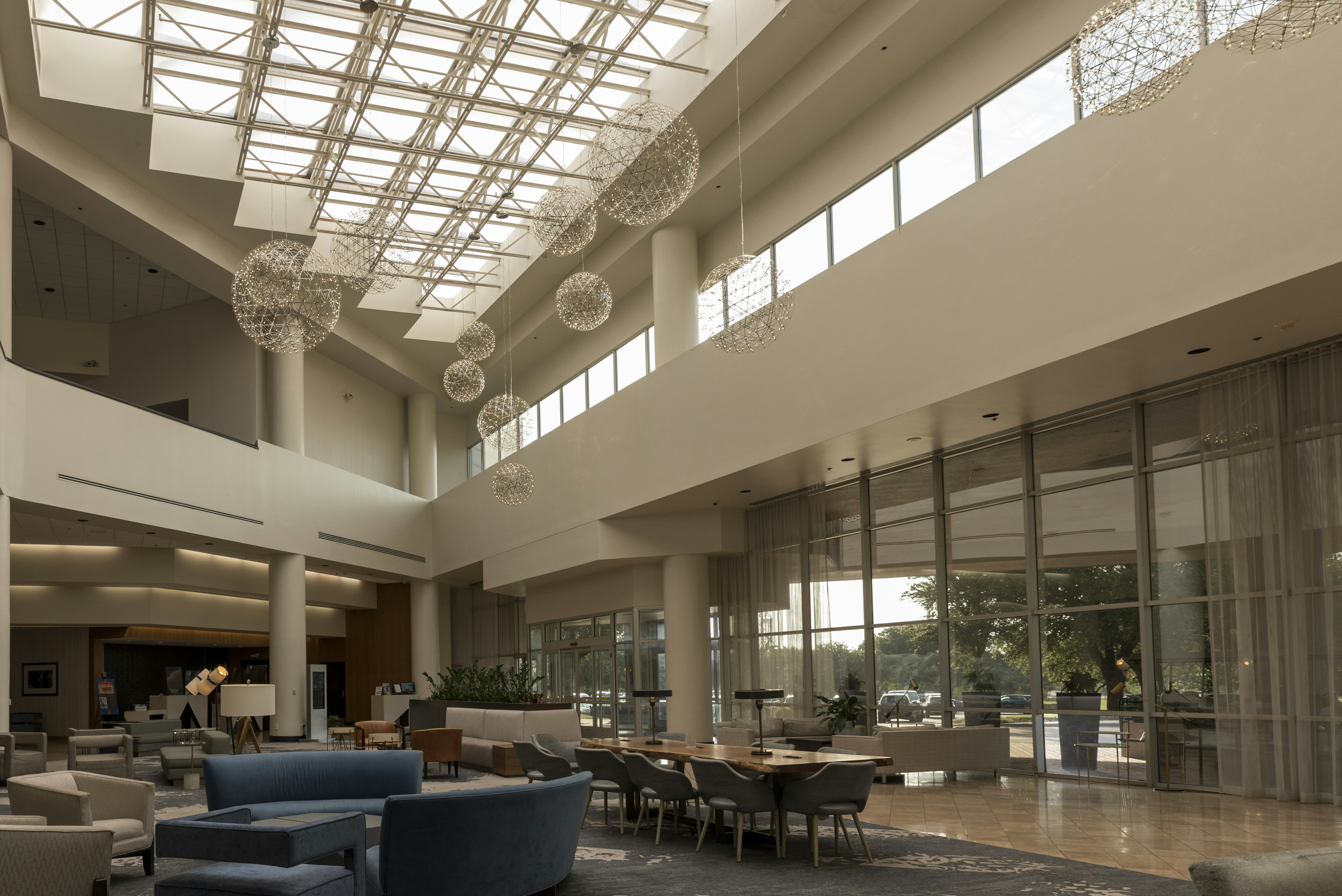 blue and black chairs and tables