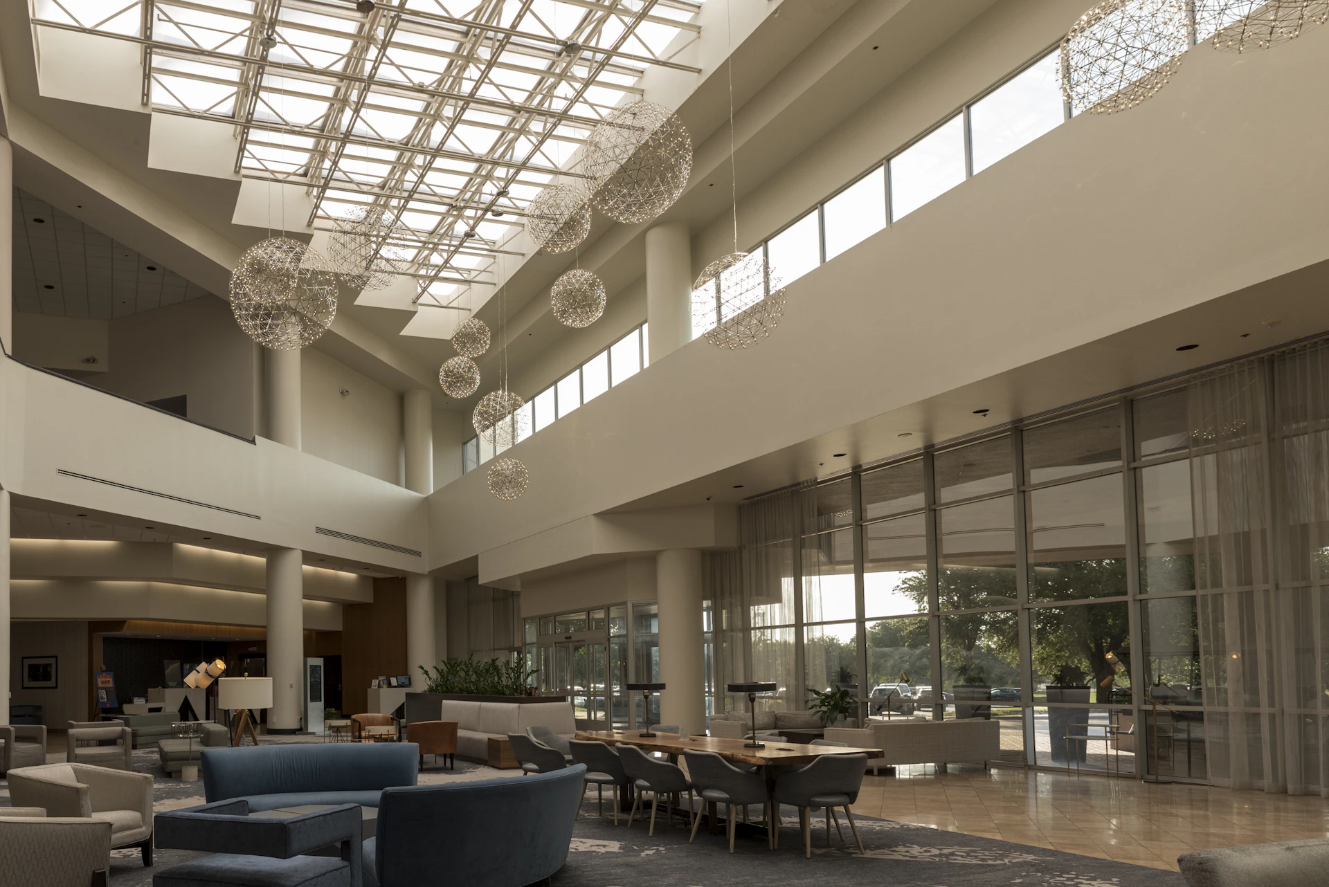 blue and black chairs and tables