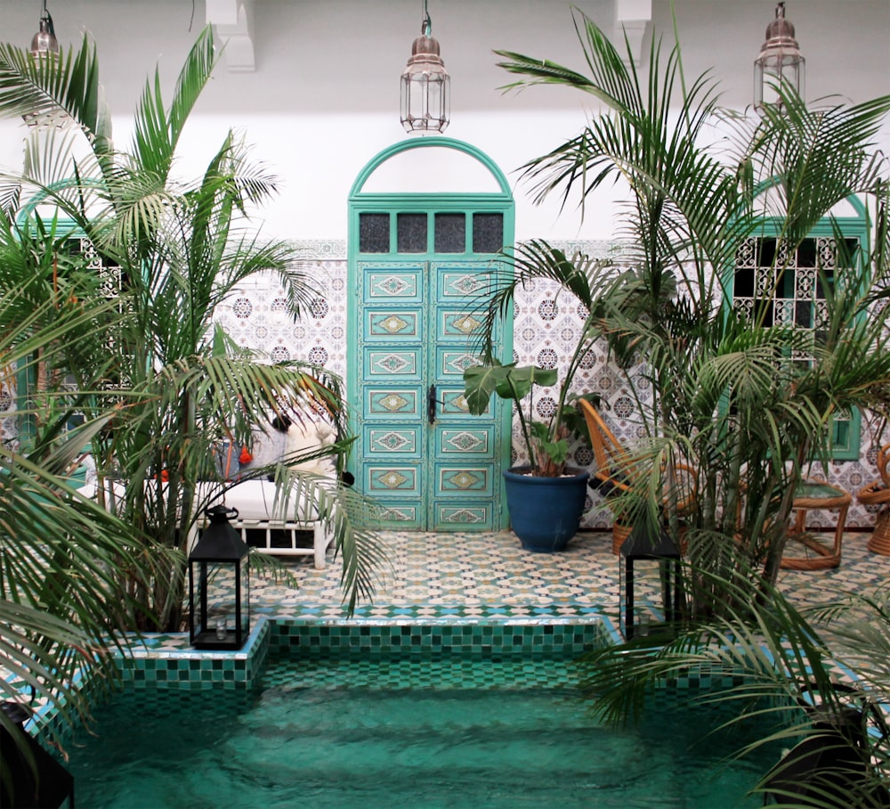 a pool with a green door surrounded by palm trees