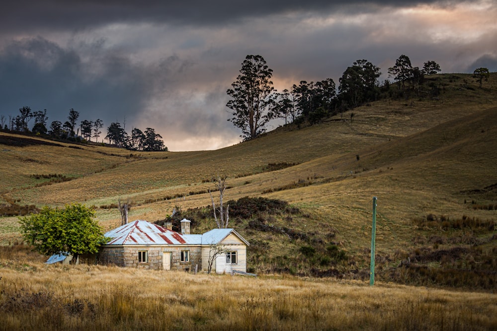 white and brown house on green grass field under gray clouds