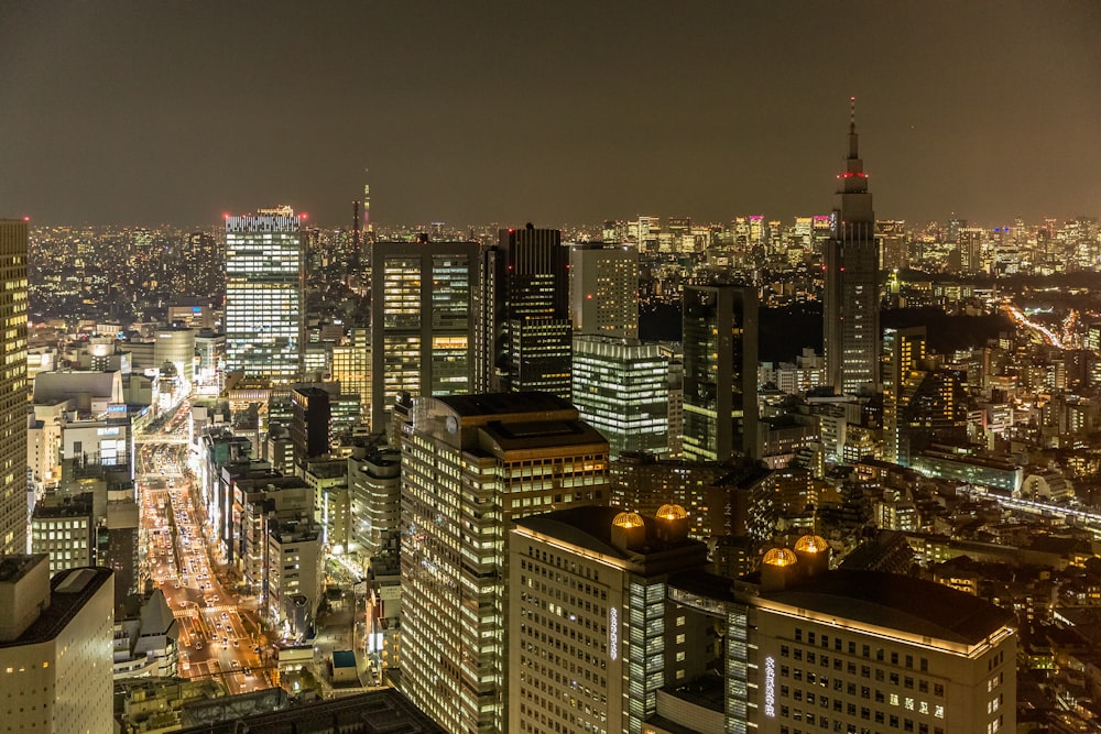 city skyline during night time