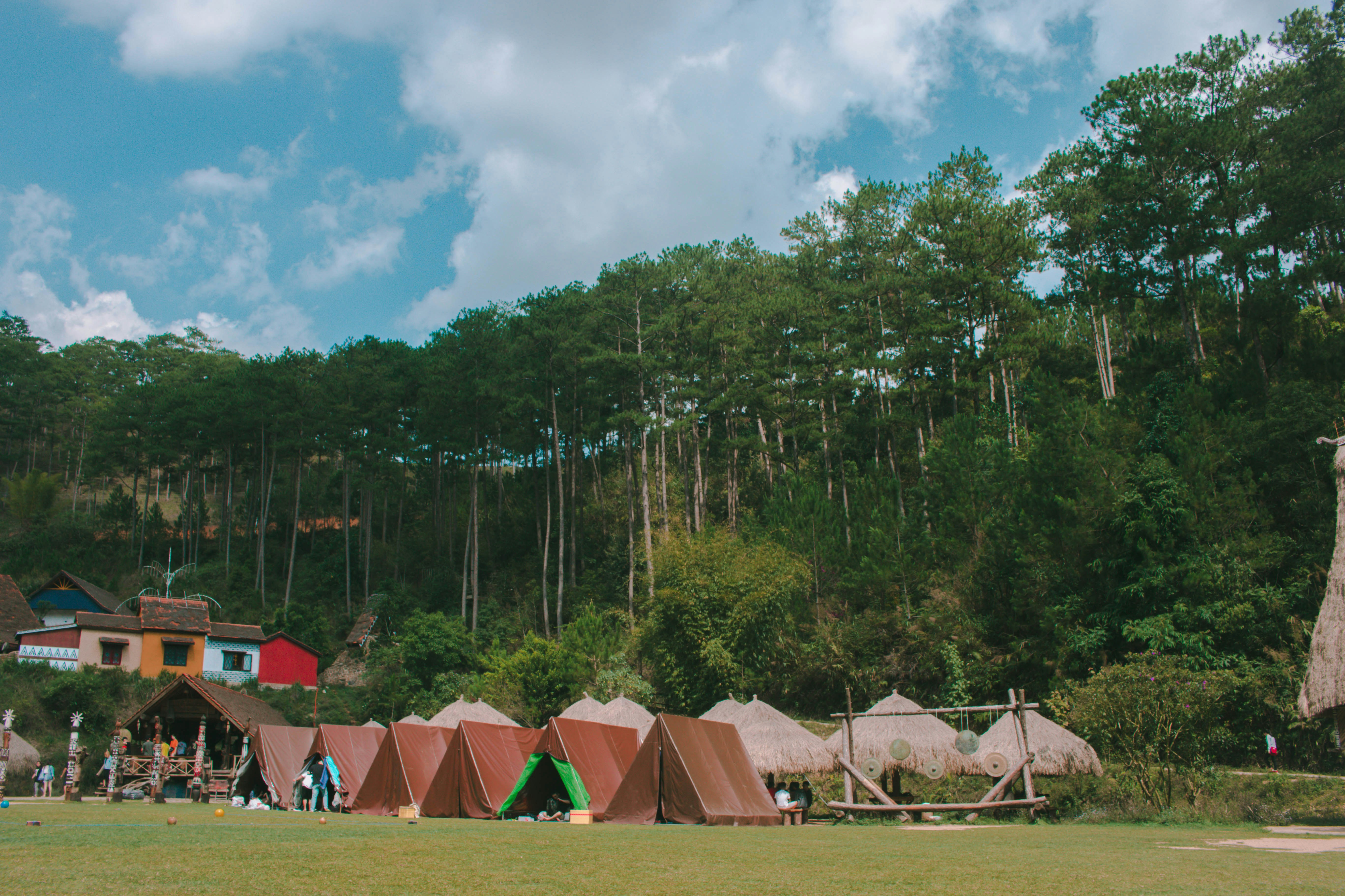 green and red tent on green grass field during daytime