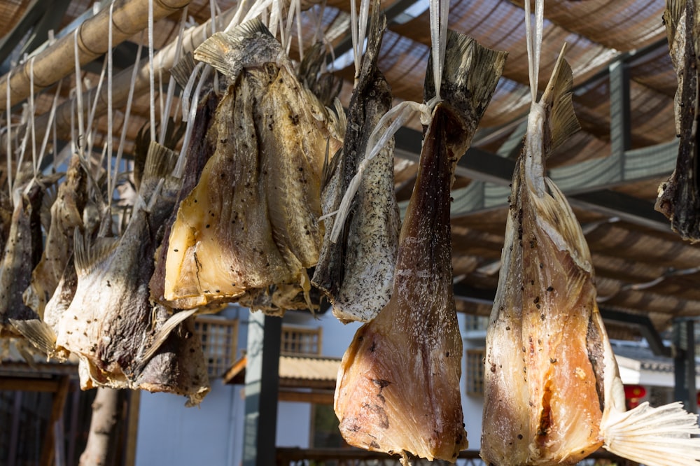 brown dried fish on black metal rack