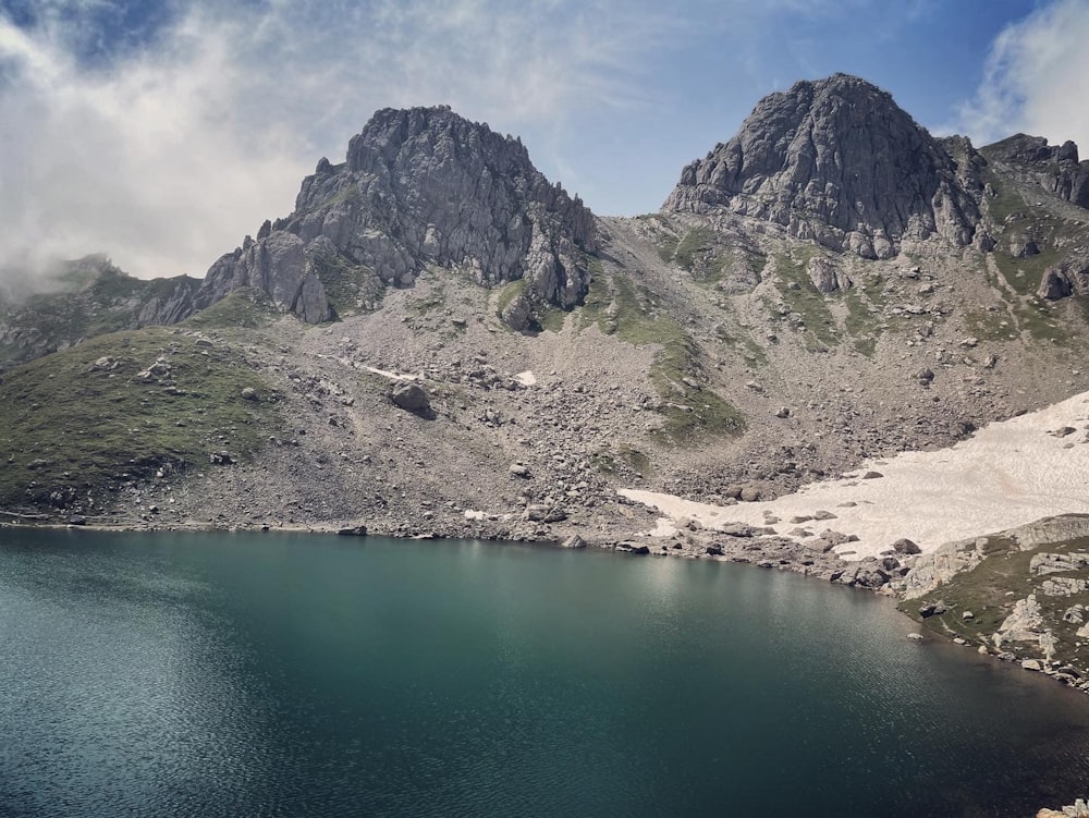 green lake surrounded by mountains under blue sky during daytime