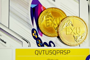 Two gold coins with the letters 'EXU' embossed on them are placed against a colorful, abstract geometric background. In the foreground, a yellow strip with the code 'QVTU5QPRSP' is visible, possibly indicating an affiliate or promotional code.