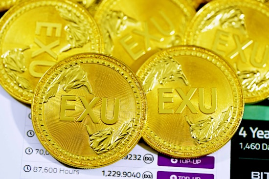 Several gold coins are displayed, each with the letters 'EXU' embossed on them. The coins feature intricate designs and are arranged on top of a document or screen displaying numerical data and text.