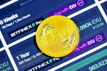 A golden coin with the letters 'EXU' embossed on it is placed on a digital interface displaying cryptocurrency exchange information. The interface shows details like '56 Days / 1,344 Hours', '365 Days / 8,760 Hours', 'BITFINEX', and different payment amounts denoted in 'EXU'.