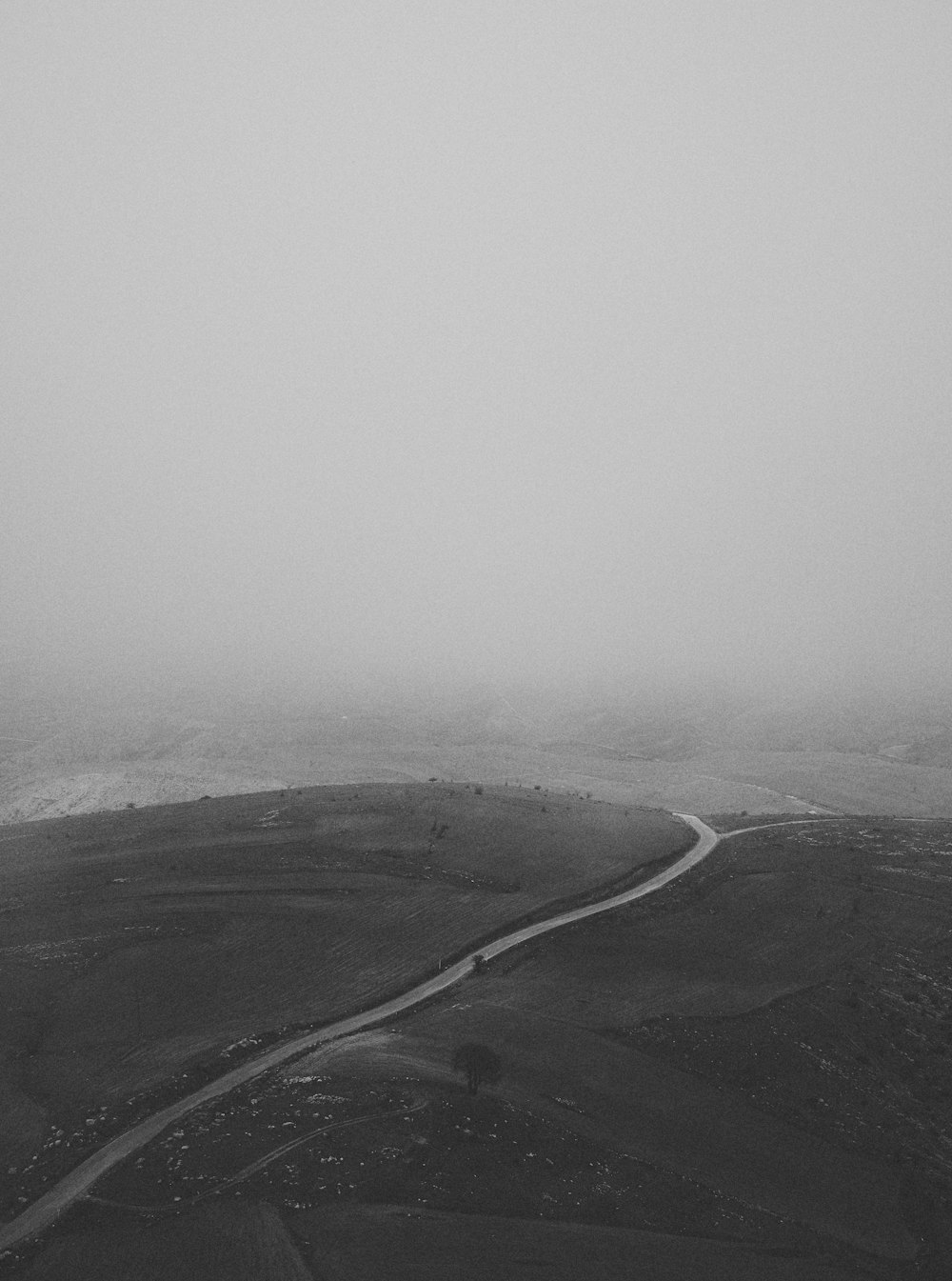 grayscale photo of road in the middle of the field