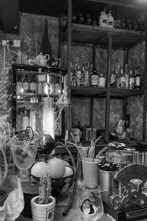 An elegant bar setting showcasing various cocktail ingredients.