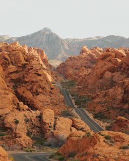 gray road in between brown rocky mountains during daytime