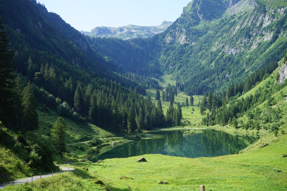 a green valley with a lake surrounded by mountains