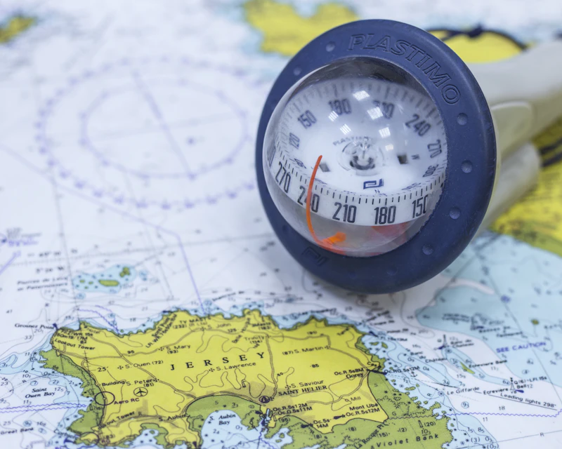 Compass on a nautical chart, representing market access