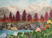 A vibrant landscape painting features towering snowy mountains in the background, rows of red and orange trees in the middle ground, and a variety of colorful wildflowers in the foreground. A clear blue stream runs through the rocky terrain, adding a sense of tranquility.
