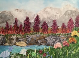 A vibrant landscape painting features towering snowy mountains in the background, rows of red and orange trees in the middle ground, and a variety of colorful wildflowers in the foreground. A clear blue stream runs through the rocky terrain, adding a sense of tranquility.