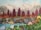 A vibrant landscape painting features towering snowy mountains in the background, rows of red and orange trees in the middle ground, and a variety of colorful wildflowers in the foreground. A clear blue stream runs through the rocky terrain, adding a sense of tranquility.